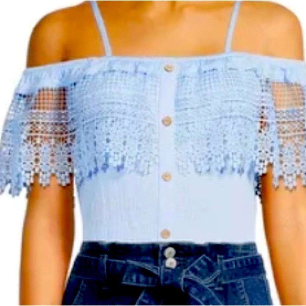 Powder blue blouse.  Can wear it off or on shoulder with adjustable straps